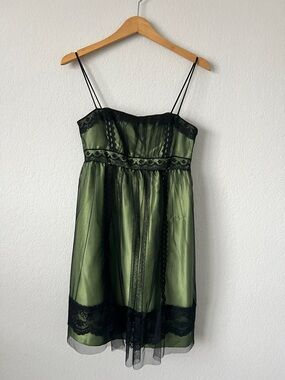 Vintage Jessica McClintock Olive Green Satin Lined Dress with Black Trim